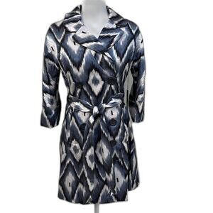 Vertigo Paris Belted Trench Coat Blue Grey Ikat Double Breasted Jacket XS Womens